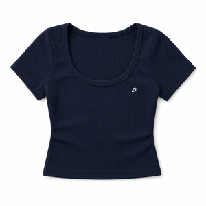 2026 Blue Scoop Neck Ribbed Crop <b>Top</b> Women's Shirts Slim Fit Short Sleeve Tight Gym Tee <b>Elastic</b> Summer Knitted Activewear Blouse - Product Image 3