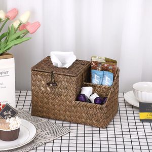 High Quality Seagrass Tissue Box Holder with Side Organizer Vintage Style <b>Square</b> Shape for Tableware Bathroom Home Office - Product Image 2