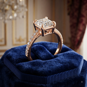 Bague de fiançailles en or rose avec diamant taille émeraude, pavé de diamants, solitaire, pour femme - Product Image 1