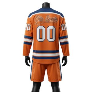 Conjunto de Camiseta y Pantalones Cortos de Hockey sobre Hielo Sublimados en Naranja para Hombre, Cuello en V, Ropa Deportiva Estampada de Poliéster, para Entrenamiento y Partido - Product Image 2