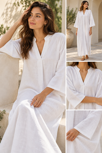 Women White Linen/Cotton <b>Mandarin</b> <b>Collar</b> Long Sleeve Casual Loose Maxi Dress Solid Simple Holiday Celebration - Product Image 4