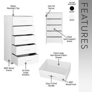 Comò bianco a 5 cassetti con ampi cassetti in tessuto - Product Image 3