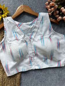 Designer Ikkat Handloom Cotton Print With Fancy Botton Boat Neck And Front Hook Open Style <b>Readymade</b> <b>Blouse</b> - Product Image 2