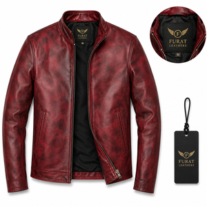 Chaqueta de Cuero Borgoña Desgastada OEM Alex para Hombre, Estilo Casual de Invierno, Cuello Alto, Cierre de Cremallera, Resistente al Viento, Transpirable y Ecológica - Product Image 1
