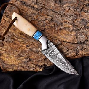 Damascus Steel Fixed Blade Utility <b>Knife</b> Industrial Grade Turquoise <b>Bone</b> <b>Handle</b> Pancake Leather Sheath Full Tang Hunting <b>Knives</b> - Product Image 3