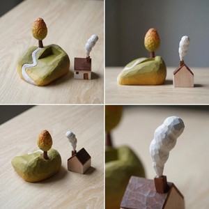 Sculpture paysagère en bois faite à la main, décoration minimaliste de table avec maison, arbre et effet de fumée pour salon - Product Image 3