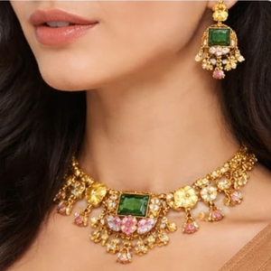 Traditional Indian Gold Necklace Set with Green Emerald Pink <b>Stones</b> and Matching Earrings Bridal Ethnic Temple Jewelry - Product Image 6