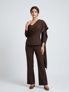Elegante Conjunto de Pantalones y Corsé de Satén Marrón con Cuello en V para Mujer, Moderno, Bordado, de Pierna Ancha, Dos Piezas, Ropa Formal de Noche, Hecho a Medida - Product Image 1