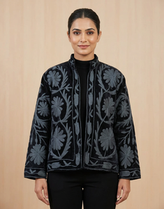 Blue Velvet Knitted Floral Embroidered Bomber Jacket Stand Collar Long Sleeve Silk Filled Eco-Friendly Breathable Winter Casual - Product Image 1