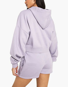 New Arrival 2026 Women's 100% Cotton 2-Piece Set Oversize Crop Zipper Hoodie Short <b>Knee</b> Solid Color Breathable summer sets - Product Image 6