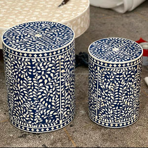 Taburete de mesa auxiliar con incrustaciones de hueso Floral de lujo de alta calidad azul marino diseño moderno más buscado para el hogar, oficina y sala de estar - Product Image 3