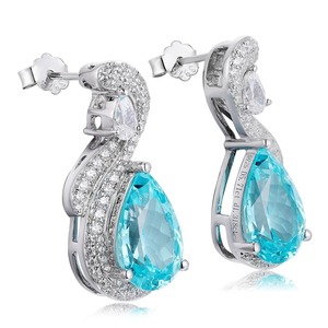 Luxury 925 <b>Silver</b> <b>Drop</b> <b>Earrings</b> With Blue Crystal Pear Cut Rhinestone Halo For Women Wedding Jewelry - Product Image 2