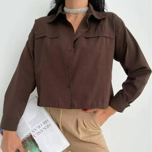 Women Cropped Cotton Woven Shirt Vintage Simple Breathable Long Sleeves Button-up Blouse Chic Tops Casual Summer Fashion <b>Brown</b> - Product Image 1