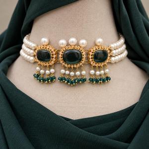 Collar de Perlas Falsas con Piedras Verde Oscuro Chapadas en Oro para Mujer, Joyería Nupcial Pakistaní, Fabricante Mayorista - Product Image 6