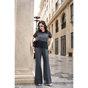Regular Women's Two Piece Short-Sleeve Shirt Flared Pants Set VANTA Office Lady Spandex / Polyester Full Length <b>Patchwork</b> - Product Image 1