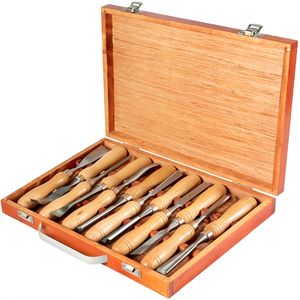 Set di 12 Scalpelli per Tornio da Legno con Lama in Acciaio al Carbonio da 3,75 Pollici per Lavorazione del Legno e Intaglio con Custodia in Legno - Product Image 1