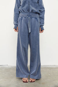 Pantalones de chándal de felpa azules de mujer, de pierna ancha, cintura media, con cordón, ajuste holgado informal, largos, de color liso, de algodón lavado a la piedra - Product Image 4