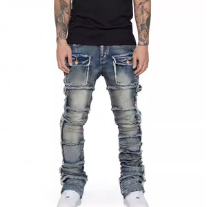 Nuevos Jeans Cargo de Mezclilla Apilados para Hombre, Estilo Biker, Lavados, con Parches en los Bolsillos y Mezclilla Resistente, con Logotipo y Diseño Personalizados - Product Image 6