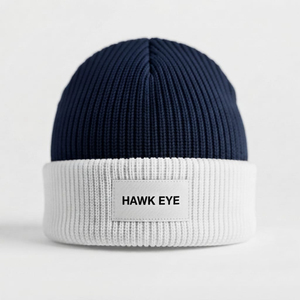 Bonnet tricoté bicolore personnalisé avec revers et étiquette logo tissée, bonnet d'hiver côtelé color block, vente en gros unisexe - Product Image 3