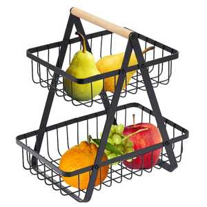 Modern Black Round Metal Mesh <b>Storage</b> Basket with Wooden Handle Iron Wire Fruit Basket Sundries Organizer for Kitchen Pantry - Product Image 2