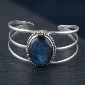 Pure 925 Sterling <b>Silver</b> Blue Labradorite <b>Cuff</b> <b>Bracelet</b> Gemstone Bezel Set Statement Jewelry For Women EverydayWear - Product Image 4