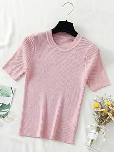 Camiseta Básica de Oficina para Mujer, Cuello Redondo, Tejido Acanalado, Casual, 100% Algodón, Anti-Pilling, Manga Corta, Esencial para el Verano - Product Image 3