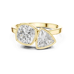 Bague de fiançailles unisexe Toi et Moi en or massif 18 carats avec diamant de laboratoire taille coussin Trillion, sertie quatre griffes partagées Est-Ouest - Product Image 1