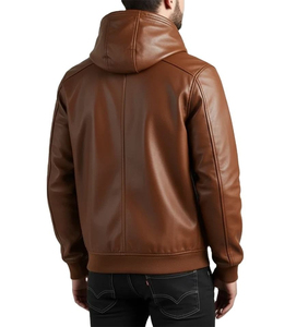 Veste d'hiver en cuir pour homme, motif uni, classique, de haute qualité, avec capuche, coupe-vent et imperméable, avec fermeture éclair - Product Image 5