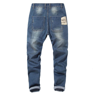 Jean cargo en denim délavé foncé pour homme, coupe droite, décontracté, avec poches avant, haute élasticité, jambe large, style professionnel - Product Image 6