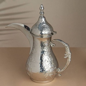 Silver Oriental Jug With Gold Embossed Design And Lid For <b>Coffee</b> Tea Serving - Product Image 3
