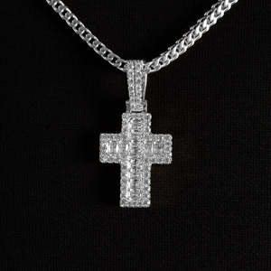 Cross <b>Pendant</b> With <b>Emerald</b> Cut Diamonds 925 Silver Rhodium Plated Religious Charm Men's Luxury Jewelry - Product Image 1