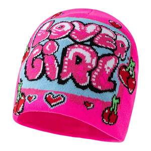 Gorros de punto sublimados con diseño personalizado OEM/ODM, gorros elásticos de algodón jacquard con logotipo bordado y lazos de frutas personalizados - Product Image 2