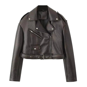 Women Faux Leather Shimmer Biker Jacket Cropped Moto Jacket Asymmetrical Zip Belted Streetwear <b>Coat</b> OEM Custom - Product Image 3