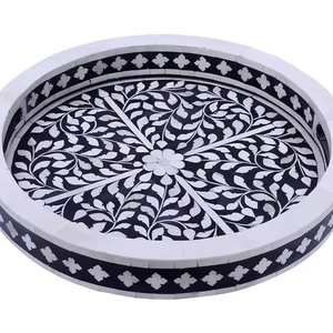 Black & White Bone Inlay <b>Round</b> <b>Tray</b> | Handmade Floral Inlay Decorative <b>Tray</b> | Art Deco Luxury Home Decor | PERFECT ENTERPRISES - Product Image 1