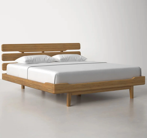 Cadre de lit plateforme moderne en teck massif avec tête de lit à lattes horizontales doubles, pieds effilés, style minimaliste contemporain pour chambre à coucher - Product Image 4