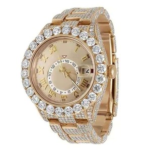 Reloj de lujo para mujer, de plata de ley amarilla, con diamantes, analógico, de cuarzo, esfera redonda, números romanos, 38 mm, cierre plegable, reloj de pulsera - Product Image 1