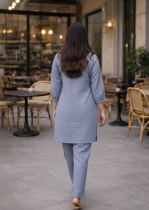 ชุดเซ็ตผู้หญิงคุณภาพสูง สีน้ำเงิน ผ้าฝ้ายแท้ สไตล์สาวออฟฟิศ แขนสั้น ราคาประหยัด สำหรับลูกค้าทั่วไป - Product Image 5