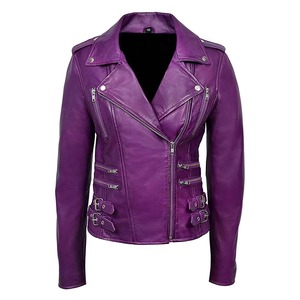 Veste moto en cuir véritable violet pour femme, manches longues, fermeture éclair, couleur unie, style motard, vêtement d'automne - Product Image 3