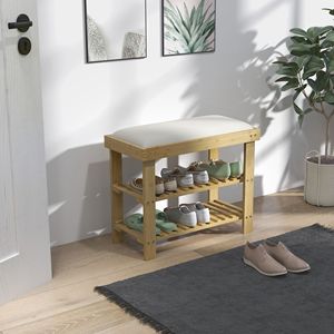 Cream White 3-Tier Bamboo Shoe Storage <b>Bench</b> with <b>Cushion</b> Entryway Hallway Shoe Organizer - Product Image 2