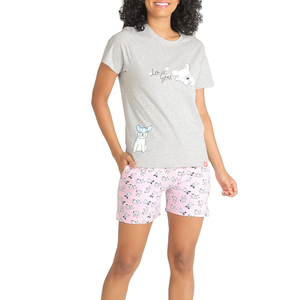 Women's 100% Cotton Waterproof Short Sleeve O-Neck Pajama Set Above <b>Knee</b> Shorts Regular Fit Spring Summer - Product Image 1