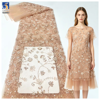 YX1524 2026 Tissu en dentelle à sequins et perles florales brillantes couleur or champagne, maille de tulle lourdement brodée pour robe de soirée