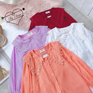Blusa Elegante para Mujer al por Mayor con Puntos en Relieve, Encaje Floral Fino, Escote en V, Manga Larga y Botones Delanteros para Oficina y Tiendas de Boutique - Product Image 6