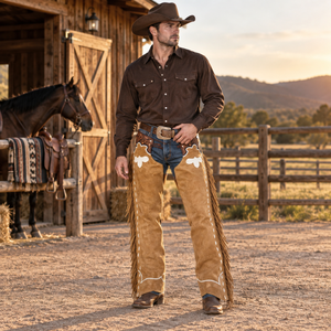Chaps en cuir classiques de style western avec longues franges |   Chaps d'équitation en daim de qualité supérieure pour l'entraînement, la compétition et le ranch - Product Image 4