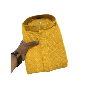 TRADITIONAL RAYON LUCKNOWI SEQUENCE WORK MEN'S KURTA with PAYJAMA YELLOW - Product Image 1