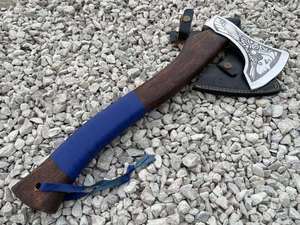 Hand forged steel tomahawk Custom engraved blade design Survival hatchet with wood <b>handle</b> Blue wrap outdoor <b>axe</b> - Product Image 4