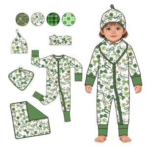 Conjunto <span class=keywords><strong>de</strong></span> pelele <span class=keywords><strong>de</strong></span> bebé personalizado al por mayor para el Día <span class=keywords><strong>de</strong></span> San Patricio, <span class=keywords><strong>de</strong></span> fibra <span class=keywords><strong>de</strong></span> bambú con estampado <span class=keywords><strong>de</strong></span> trébol, mono con cremallera para recién nacido con gorro y babero - Product Image 1