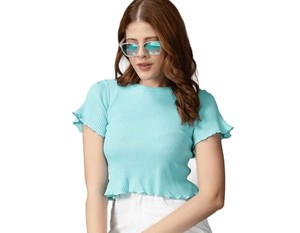 เสื้อครอปถักสำหรับผู้หญิง แขนสั้น คอกลม สีพื้น แต่งระบาย สไตล์ลำลอง เสื้อฤดูร้อน สีฟ้าอ่อน - Product Image 5