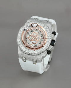 Reloj Cronógrafo de Lujo para Hombre con Incrustaciones de Moissanita, Correa de Goma Blanca, Bisel de Diamantes en Oro Rosa, Estilo Hip Hop - Product Image 3