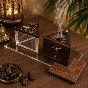 Premium Wooden Bakhoor Burner Set with Tray Glass Storage <b>Box</b> Arabic Mabkhara Middle Eastern <b>Eid</b> <b>Gift</b> Religious Hospitality Use - Product Image 3