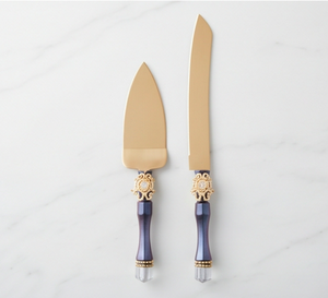 Ensemble de service à gâteau bleu royal avec poignée ornée de bijoux, finition dorée en acier inoxydable, pour mariages et occasions spéciales - Product Image 1